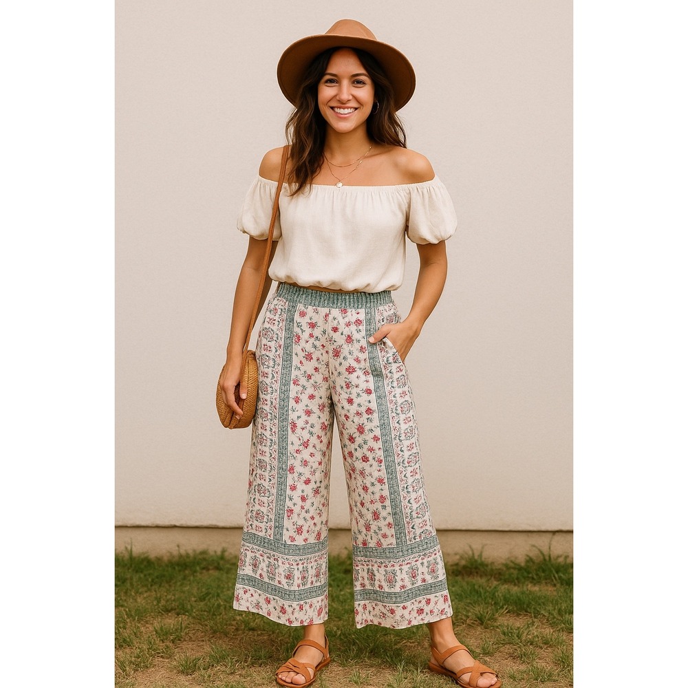 Farrow Floral Print Crop‎ Wide Leg Pants Bohemian Style Size M